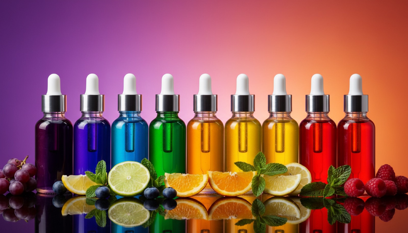 Farverige aromaflasker på række