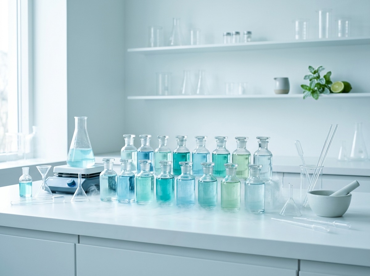 Aromaflasker i kølige mentholtoner i lyst laboratoriemiljø