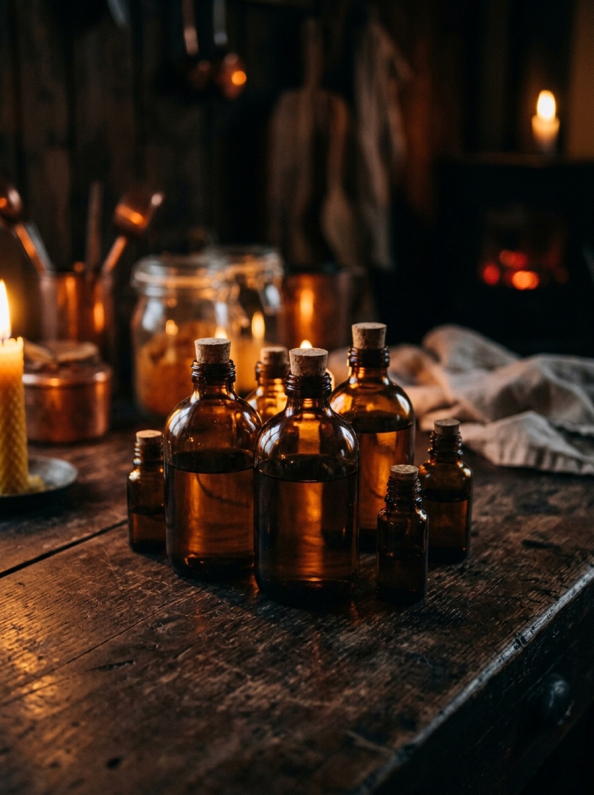 Aromaflasker i dramatisk, varmt lys
