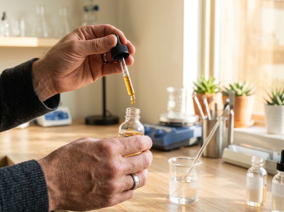 Hænder blander e-væske og dropper aromakoncentrat fra pipette