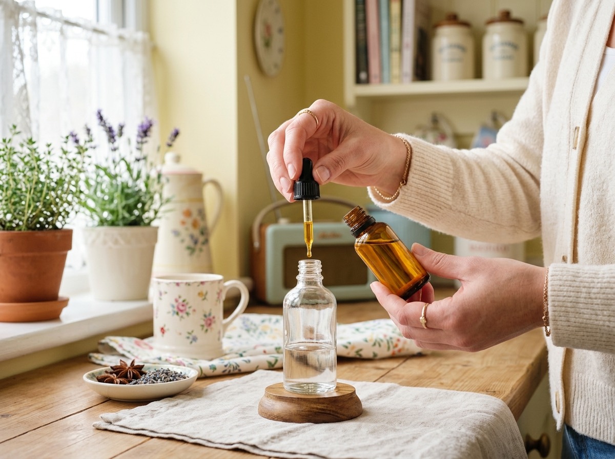 Hænder blander Dinner Lady aroma i mixeflaske i lyst køkken