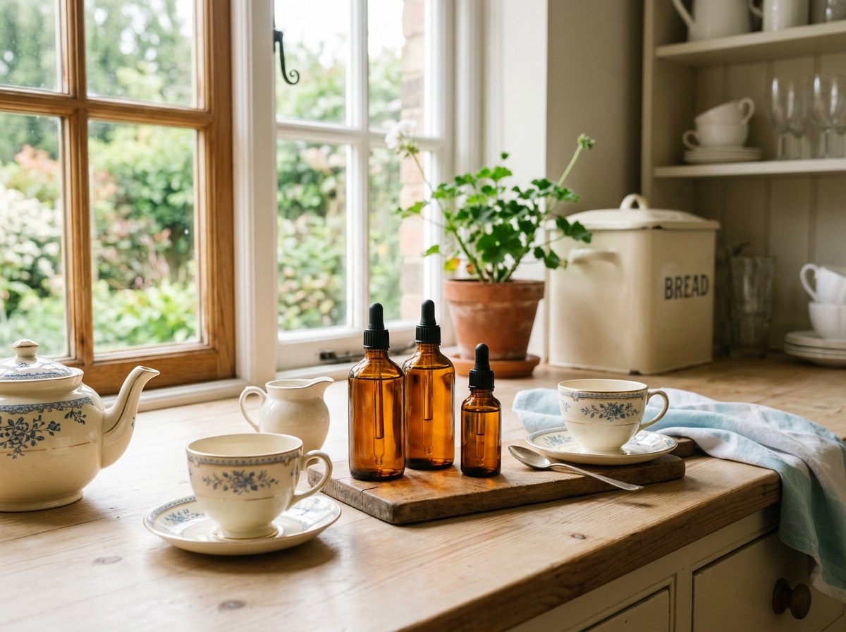 Lyst britisk retro-køkken med tebordsdetaljer og aromaflasker