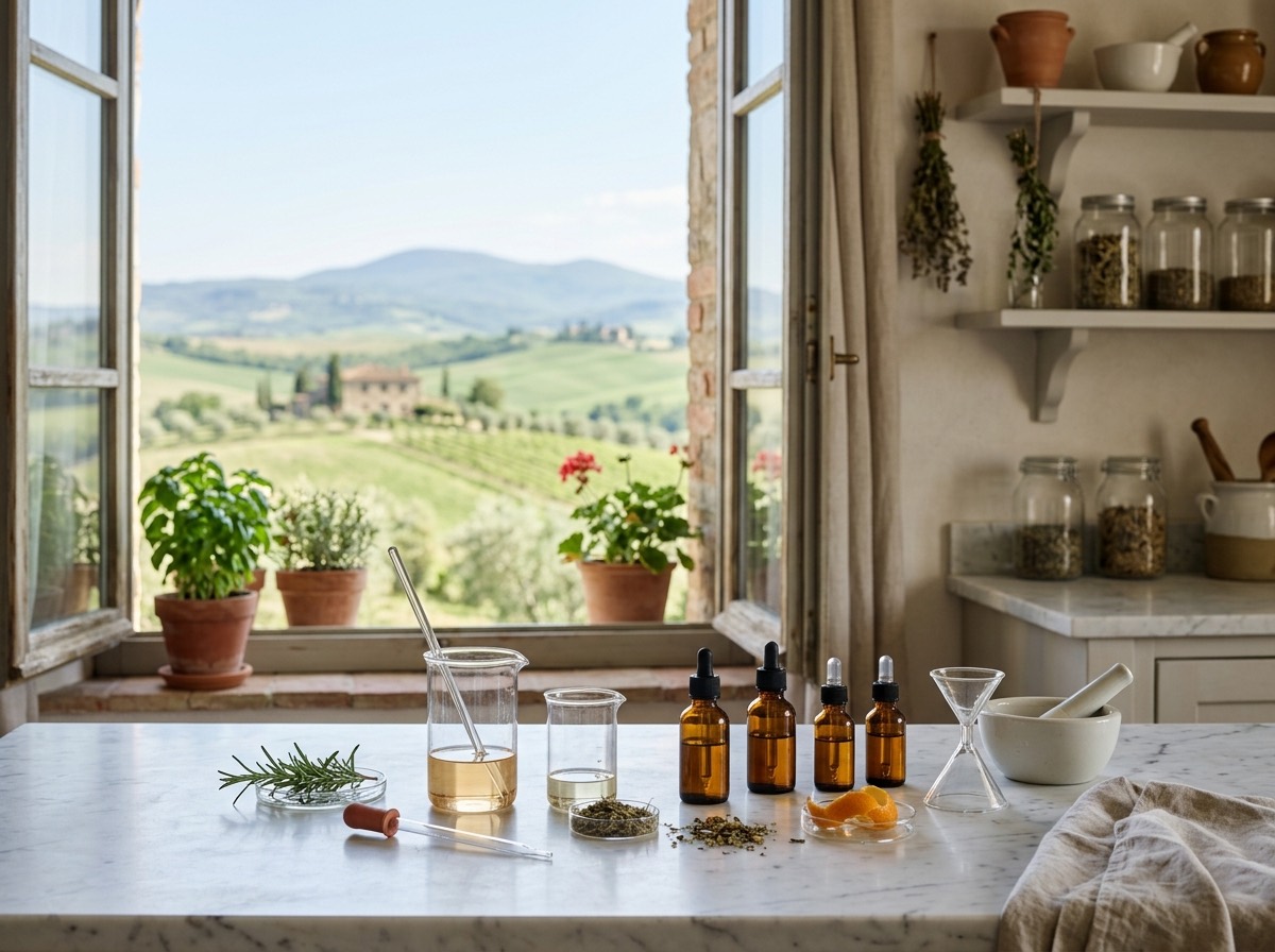 Italiensk aromalaboratorium med glasflasker og pipetter i dagslys