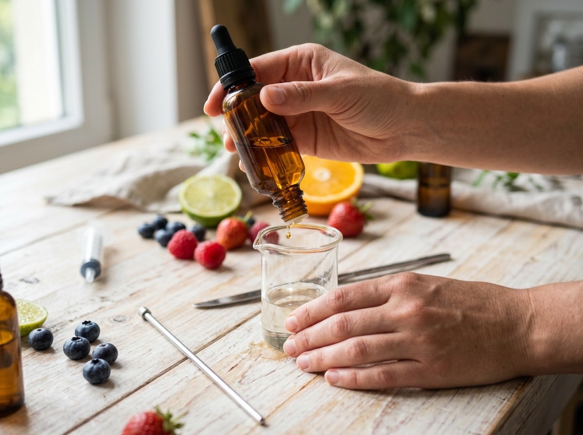 Hænder blander e-væske med aromaflaske og friske frugter
