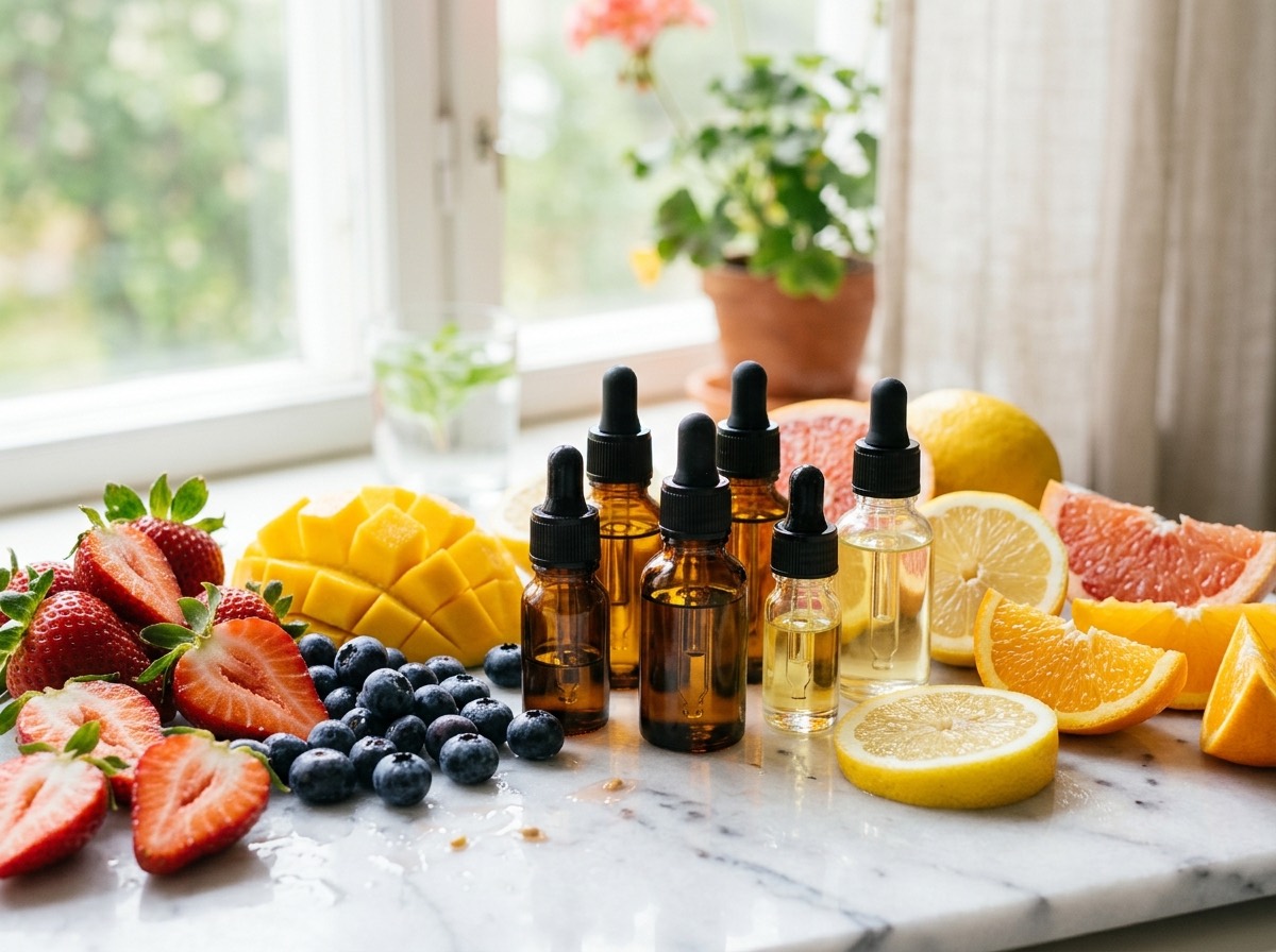 Friske bær og frugter omkring aromaflasker i lyst dagslys