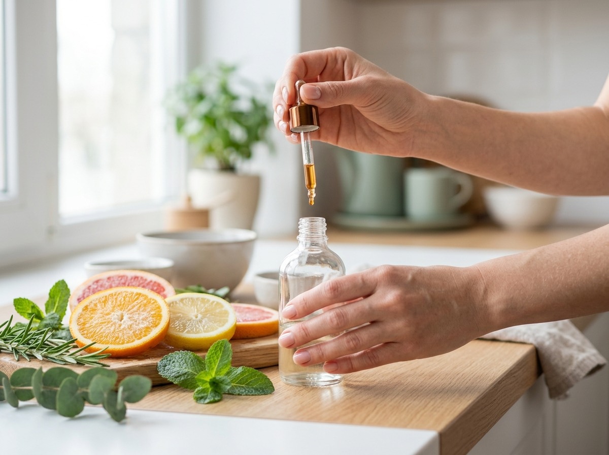 Bland selv e-væske: aroma dryppes fra pipetteflaske i mixflaske ved siden af frisk frugt