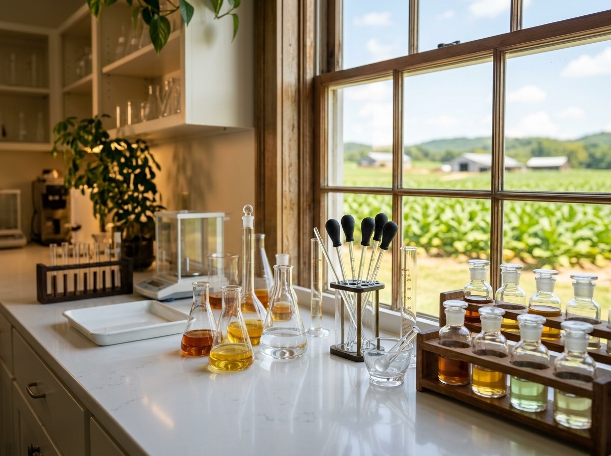 Laboratorieudstyr og aromaflasker med udsigt til tobaksmark