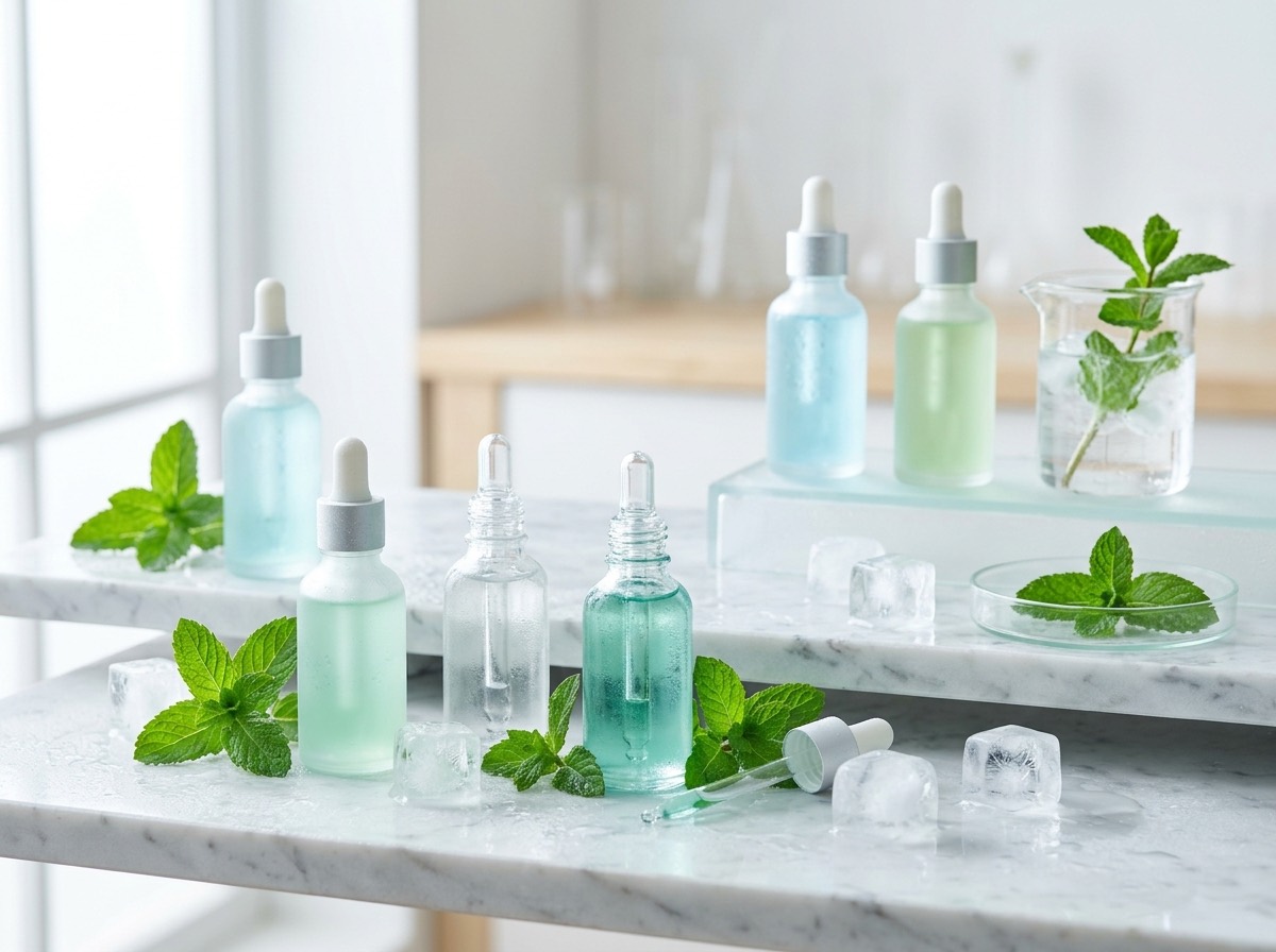 Menthol- og mintaroma flasker i kølige toner