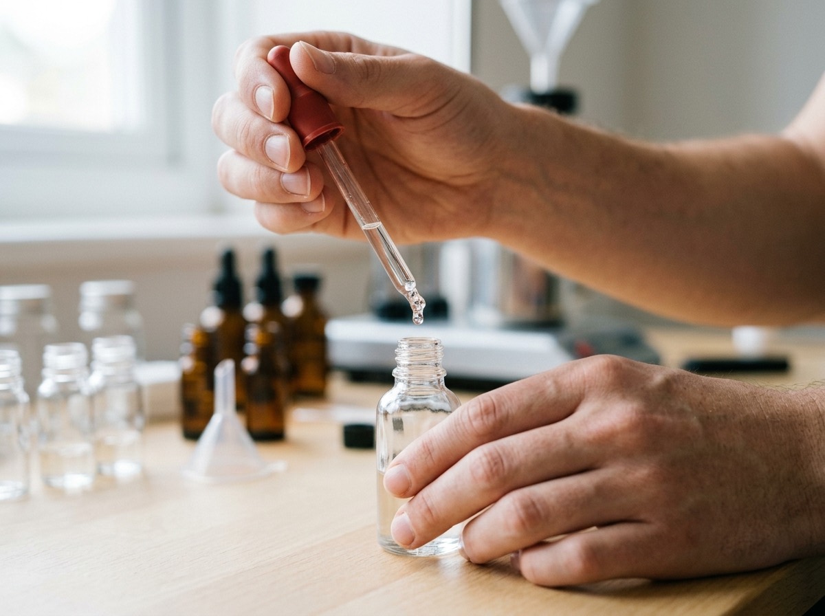 Hånd tilsætter en dråbe fra pipette til bland-selv e-væske