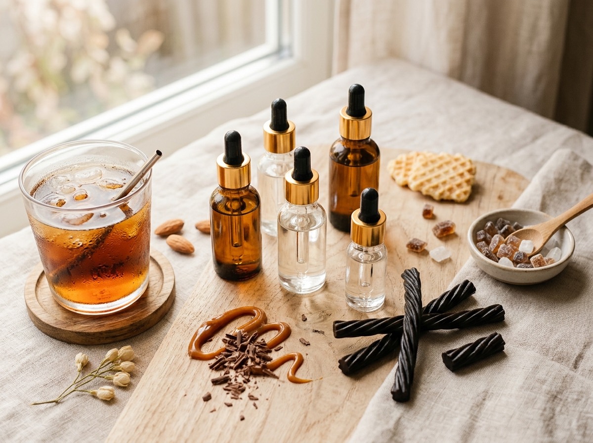 Aromaflasker med søde og dessertinspirerede toner i varmt lys