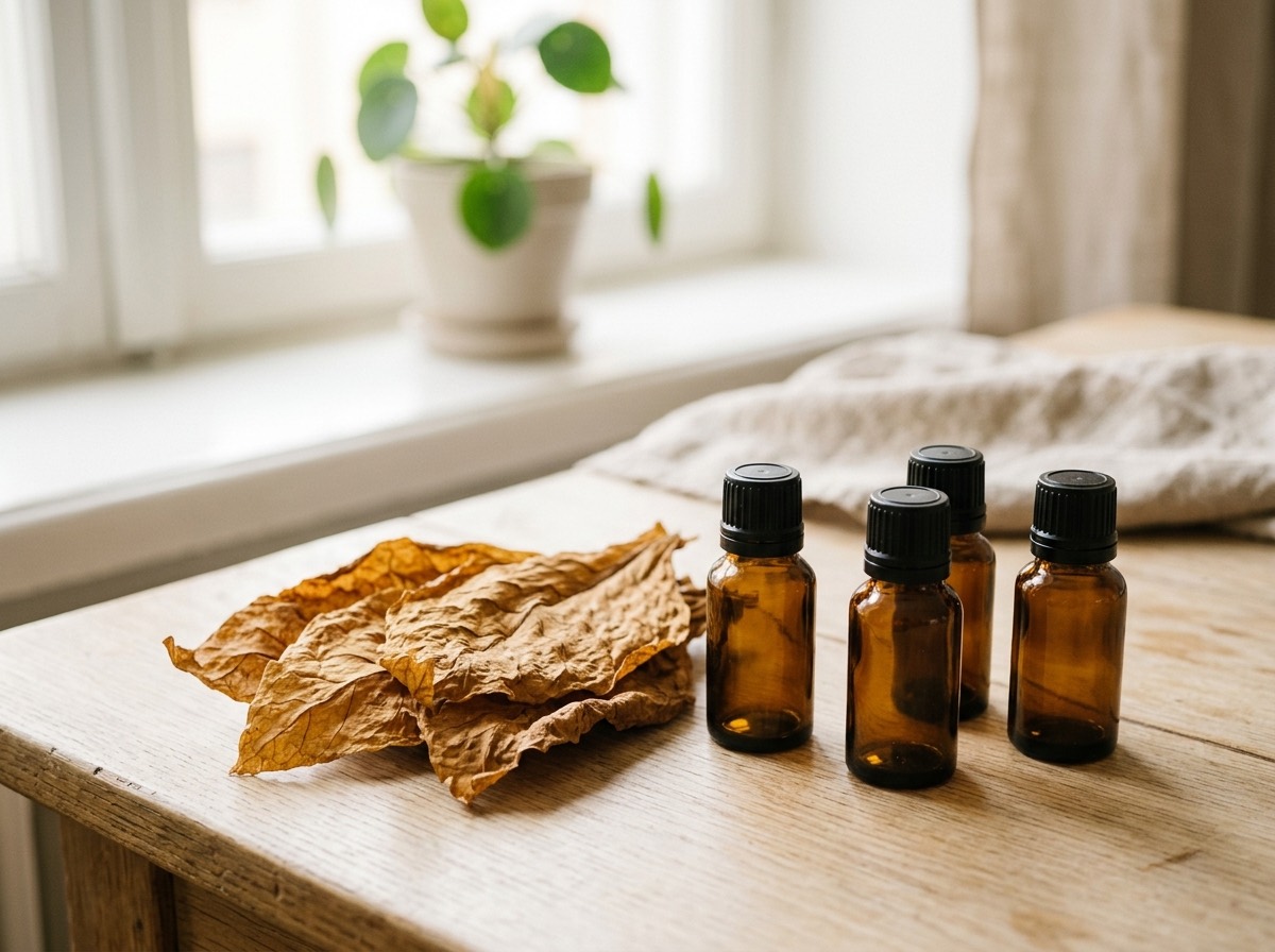Tørrede tobaksblade og aromaflasker til bland-selv e-væske