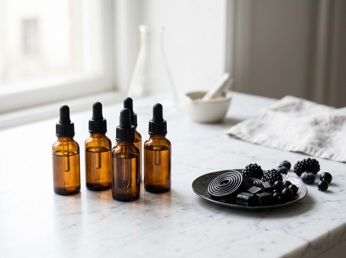 Flasker med Wicked Scents aromakoncentrat på lys marmorbordplade